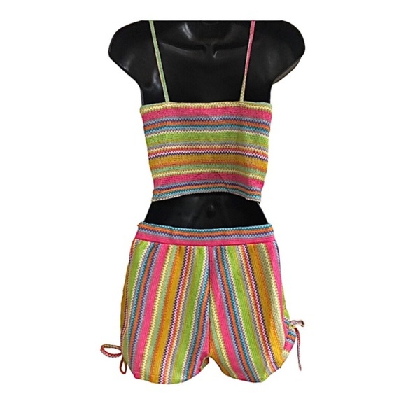 2pc rainbow multicolored crochet mesh look tank top & side tie shorts set size S - Picture 11 of 13